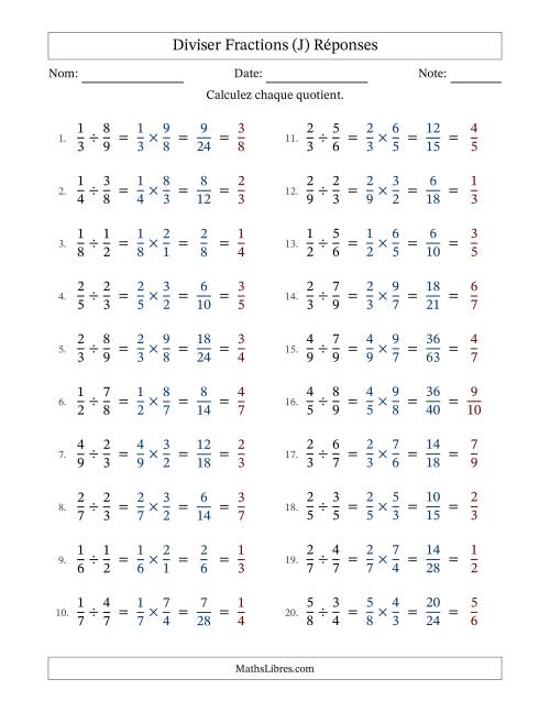 Diviser deux fractions propres, et avec simplification dans tous les problèmes (J) page 2