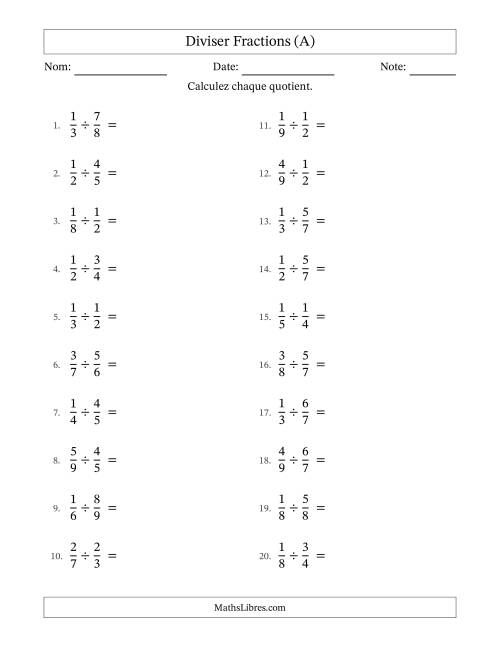 Diviser deux fractions propres, et avec simplification dans quelques problèmes (A)