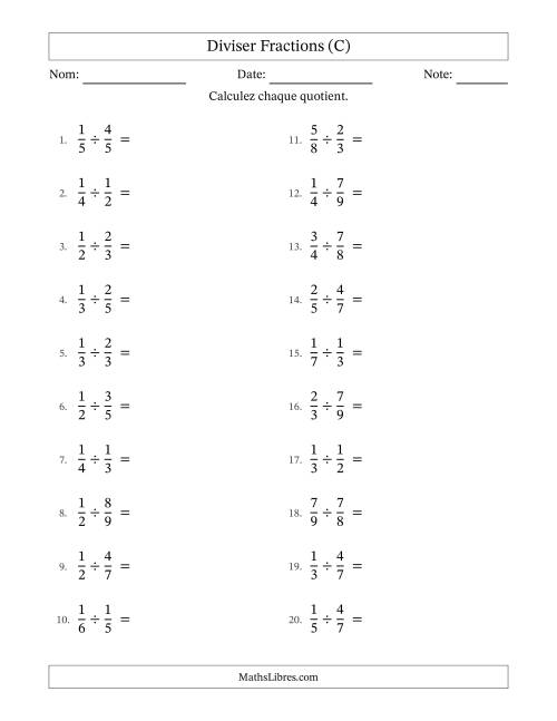 Diviser deux fractions propres, et avec simplification dans quelques problèmes (C)