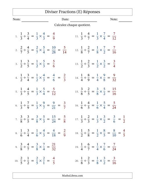 Diviser deux fractions propres, et avec simplification dans quelques problèmes (E) page 2