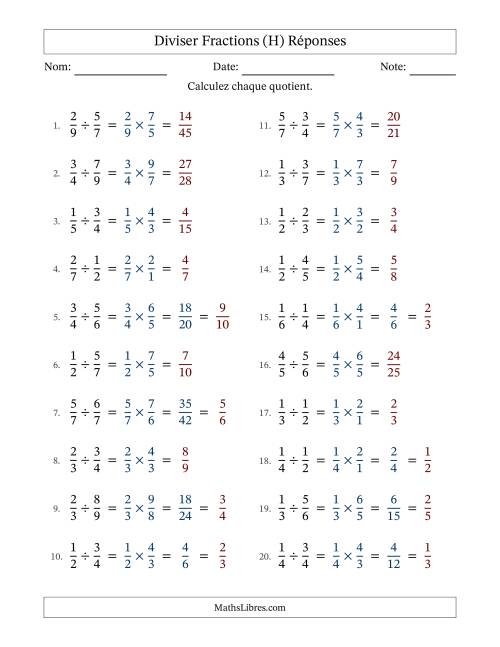 Diviser deux fractions propres, et avec simplification dans quelques problèmes (H) page 2