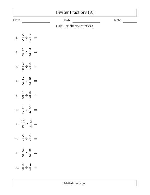 Diviser fractions propres e impropres, et avec simplification dans tous les problèmes (A)