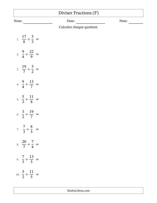 Diviser deux fractions impropres, et sans simplification (F)