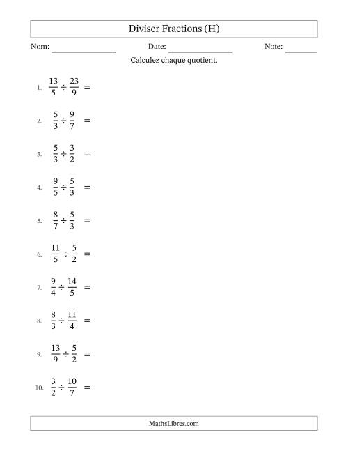 Diviser deux fractions impropres, et sans simplification (H)