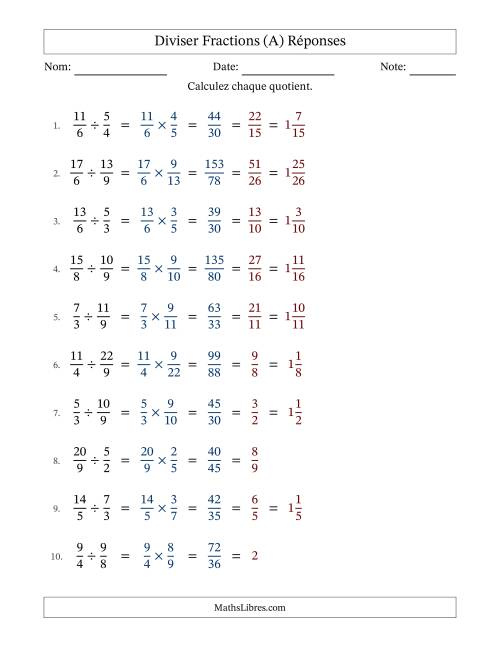 Diviser deux fractions impropres, et avec simplification dans tous les problèmes (A) page 2