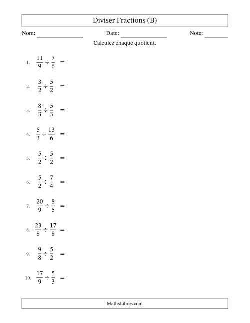 Diviser deux fractions impropres, et avec simplification dans tous les problèmes (B)