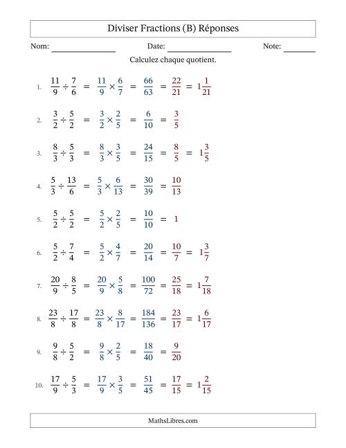 Diviser deux fractions impropres, et avec simplification dans tous les problèmes (B) page 2