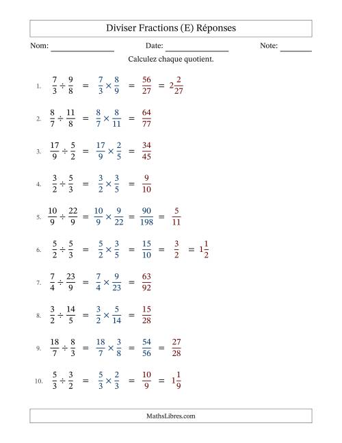 Diviser deux fractions impropres, et avec simplification dans quelques problèmes (E) page 2