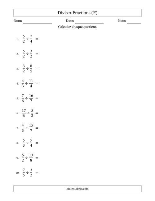 Diviser deux fractions impropres, et avec simplification dans quelques problèmes (F)