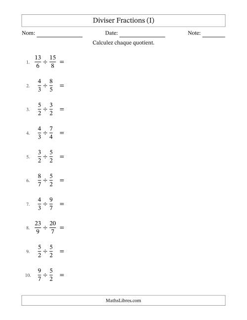 Diviser deux fractions impropres, et avec simplification dans quelques problèmes (I)