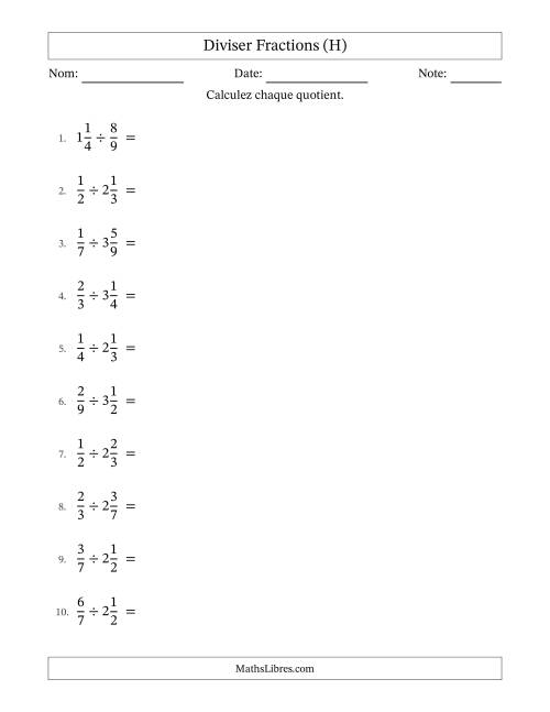 Diviser fractions propres et mixtes, et sans simplification (H)