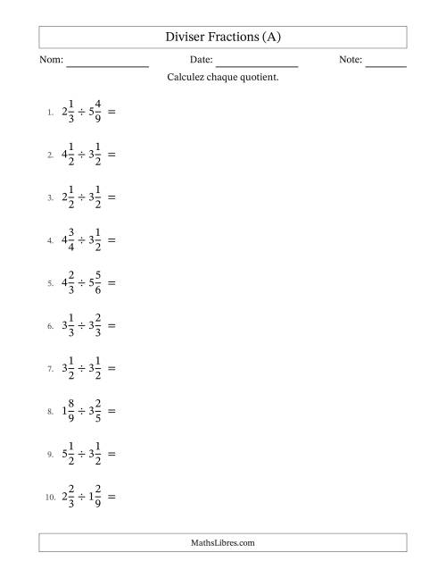 Diviser deux fractions mixtes, et avec simplification dans tous les problèmes (A)