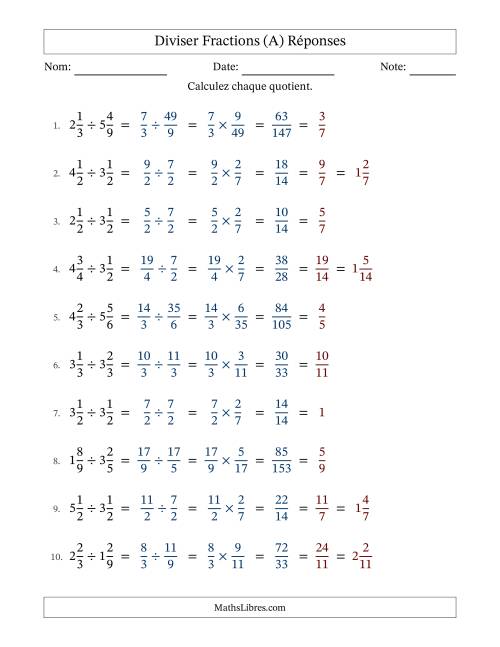 Diviser deux fractions mixtes, et avec simplification dans tous les problèmes (A) page 2