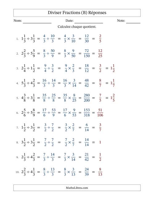 Diviser deux fractions mixtes, et avec simplification dans tous les problèmes (B) page 2