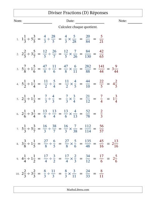 Diviser deux fractions mixtes, et avec simplification dans tous les problèmes (D) page 2
