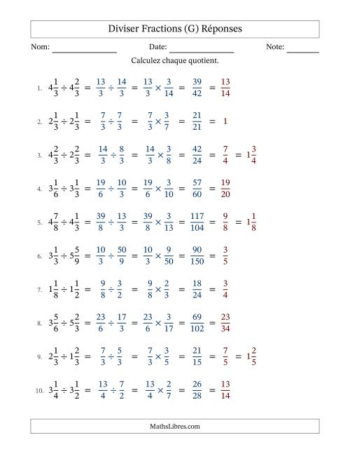 Diviser deux fractions mixtes, et avec simplification dans tous les problèmes (G) page 2