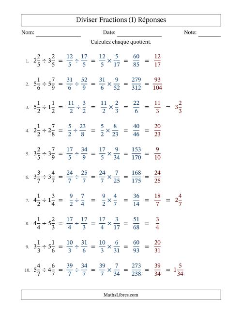 Diviser deux fractions mixtes, et avec simplification dans tous les problèmes (I) page 2