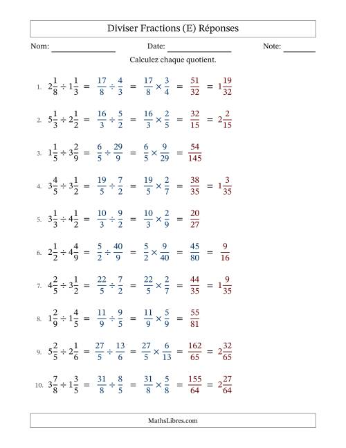 Diviser deux fractions mixtes, et avec simplification dans quelques problèmes (E) page 2