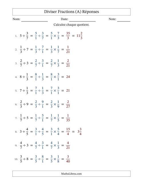 Diviser fractions propres con nombres éntiers, et sans simplification (A) page 2