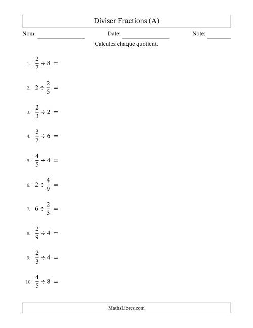 Diviser fractions propres con nombres éntiers, et avec simplification dans tous les problèmes (A)