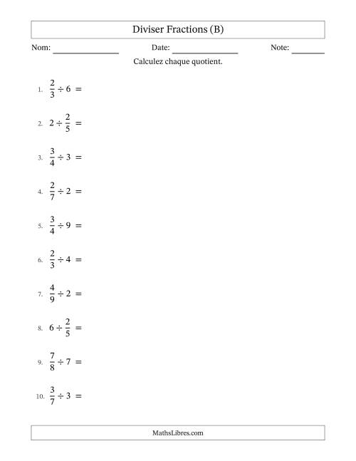 Diviser fractions propres con nombres éntiers, et avec simplification dans tous les problèmes (B)