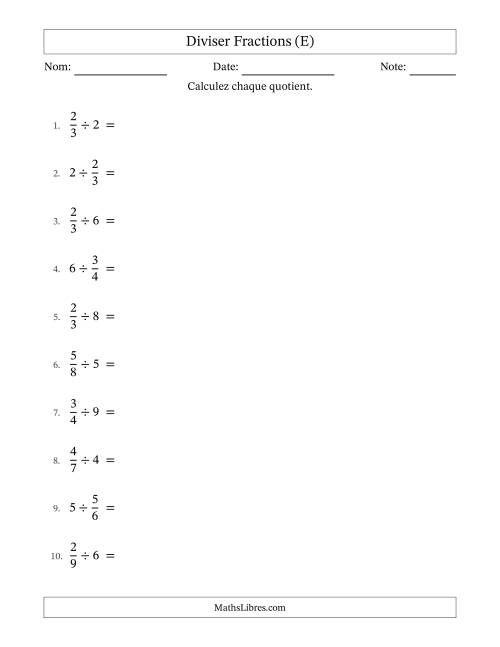 Diviser fractions propres con nombres éntiers, et avec simplification dans tous les problèmes (E)