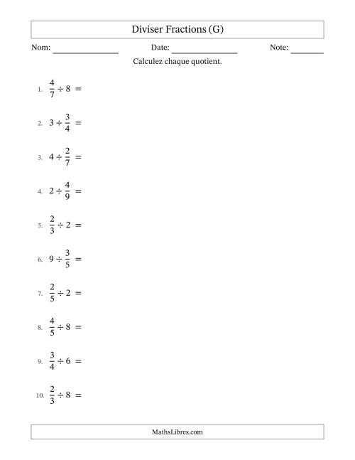 Diviser fractions propres con nombres éntiers, et avec simplification dans tous les problèmes (G)