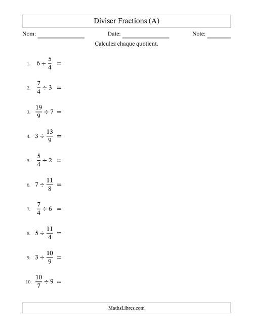 Diviser Improper Fractions con nombres éntiers, et sans simplification (A)