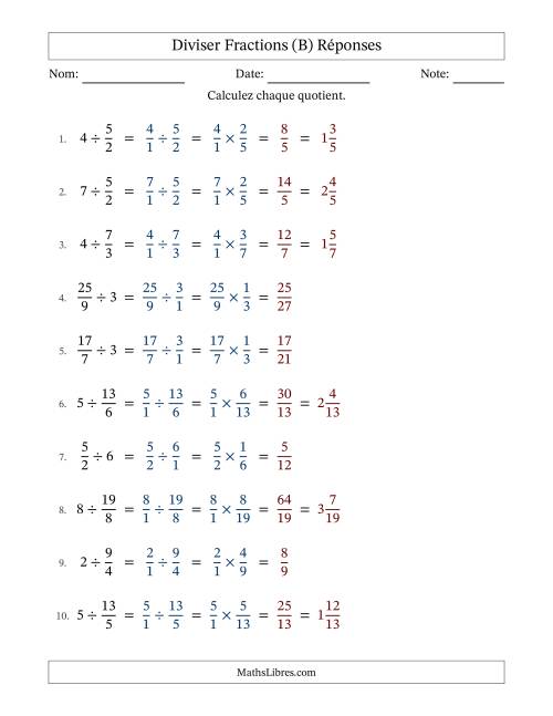 Diviser Improper Fractions con nombres éntiers, et sans simplification (B) page 2