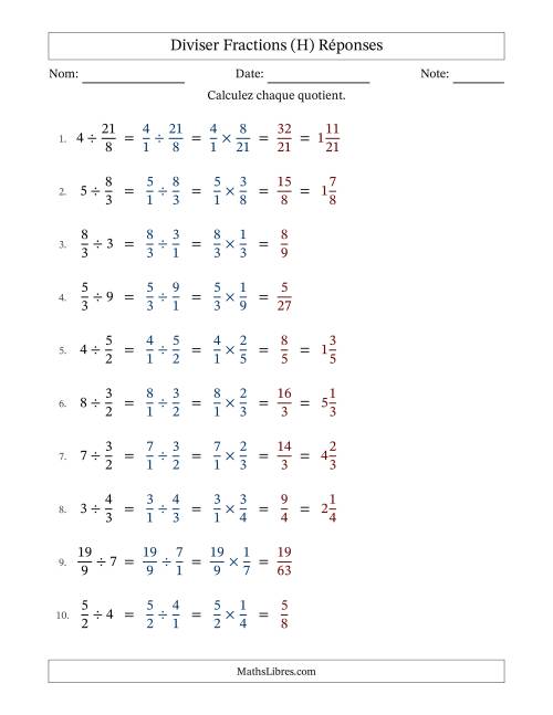 Diviser Improper Fractions con nombres éntiers, et sans simplification (H) page 2