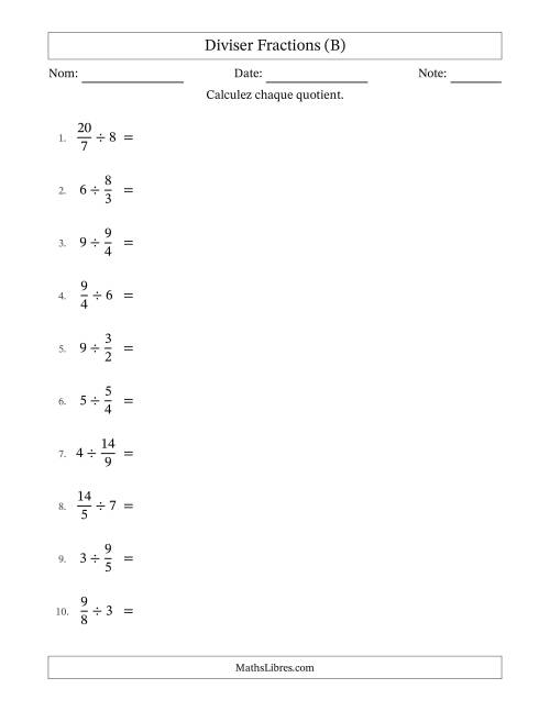 Diviser Improper Fractions con nombres éntiers, et avec simplification dans tous les problèmes (B)