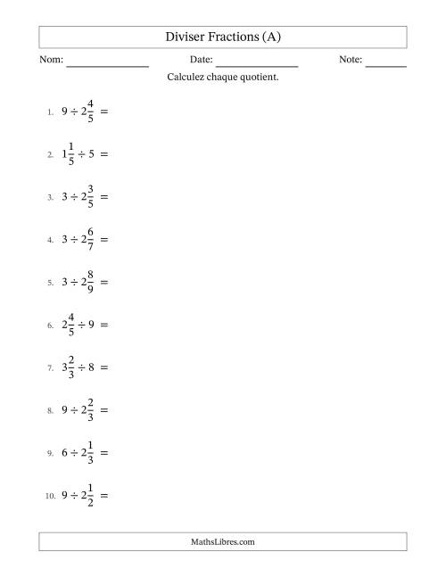 Diviser fractions mixtes con nombres éntiers, et sans simplification (A)