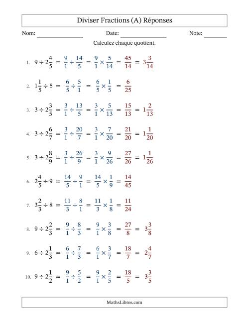 Diviser fractions mixtes con nombres éntiers, et sans simplification (A) page 2