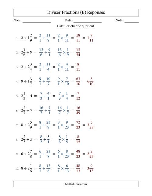 Diviser fractions mixtes con nombres éntiers, et sans simplification (B) page 2