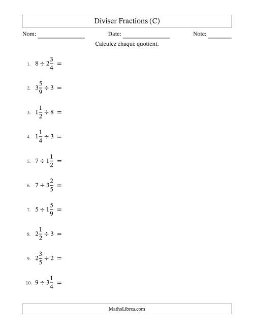 Diviser fractions mixtes con nombres éntiers, et sans simplification (C)