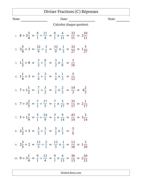 Diviser fractions mixtes con nombres éntiers, et sans simplification (C) page 2