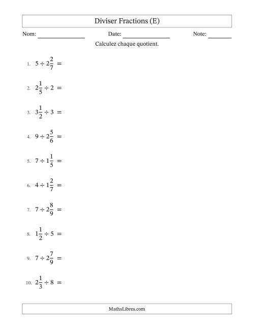 Diviser fractions mixtes con nombres éntiers, et sans simplification (E)
