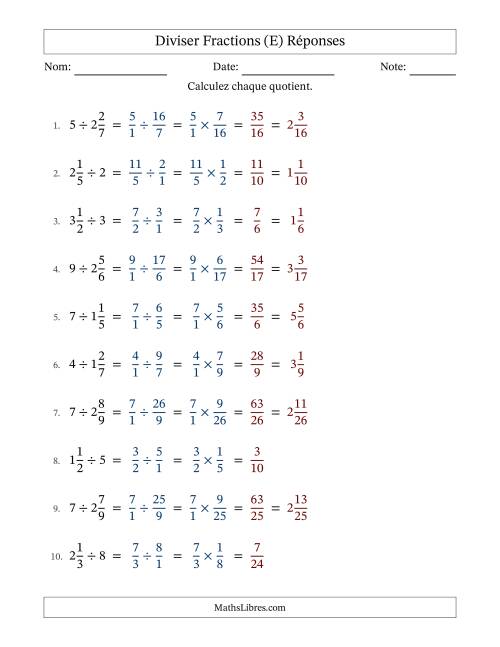 Diviser fractions mixtes con nombres éntiers, et sans simplification (E) page 2