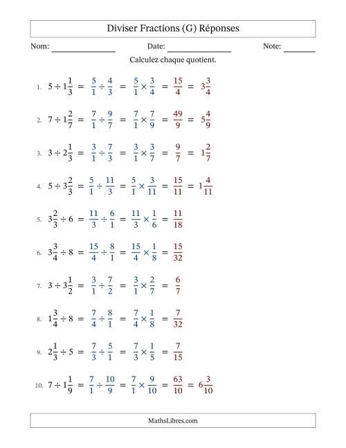 Diviser fractions mixtes con nombres éntiers, et sans simplification (G) page 2