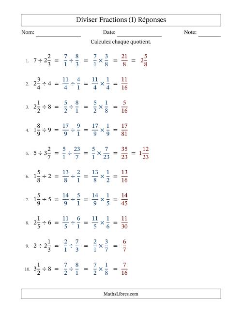 Diviser fractions mixtes con nombres éntiers, et sans simplification (I) page 2