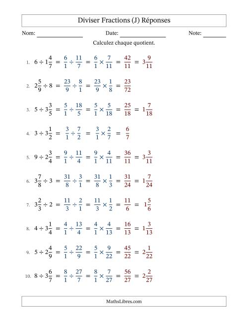 Diviser fractions mixtes con nombres éntiers, et sans simplification (J) page 2