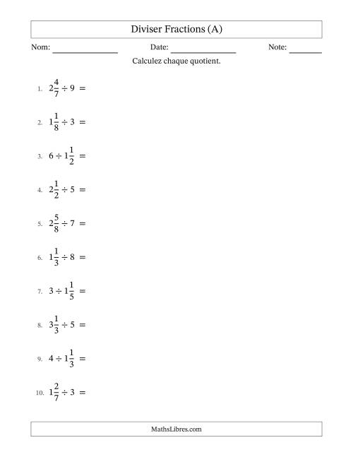 Diviser fractions mixtes con nombres éntiers, et avec simplification dans tous les problèmes (A)