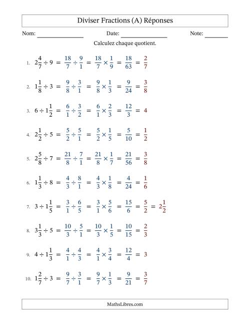 Diviser fractions mixtes con nombres éntiers, et avec simplification dans tous les problèmes (A) page 2