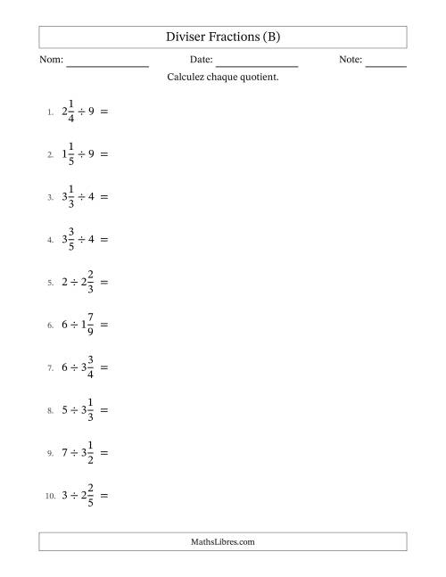 Diviser fractions mixtes con nombres éntiers, et avec simplification dans tous les problèmes (B)