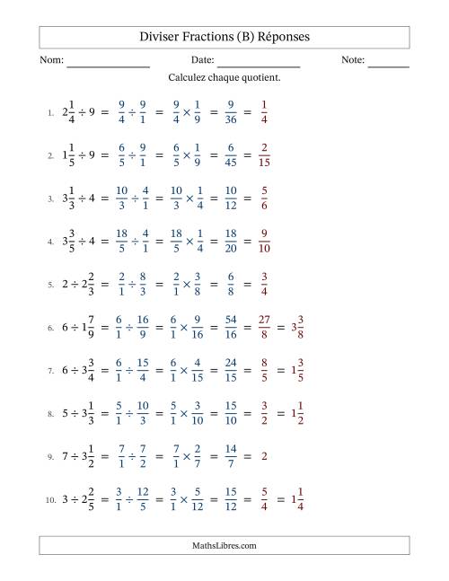 Diviser fractions mixtes con nombres éntiers, et avec simplification dans tous les problèmes (B) page 2