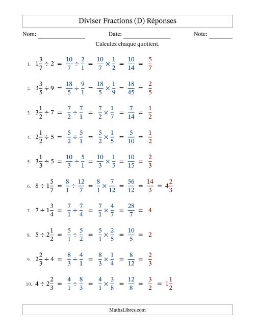 Diviser fractions mixtes con nombres éntiers, et avec simplification dans tous les problèmes (D) page 2