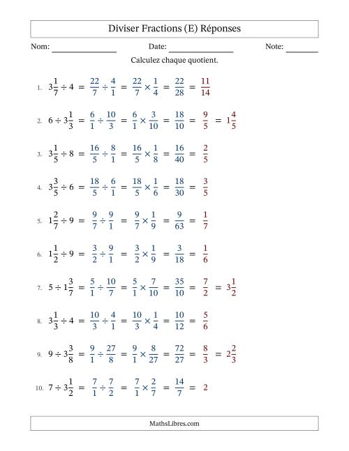 Diviser fractions mixtes con nombres éntiers, et avec simplification dans tous les problèmes (E) page 2
