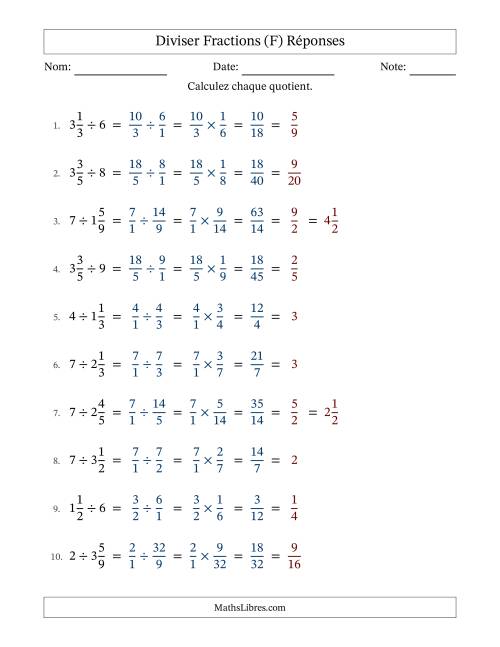 Diviser fractions mixtes con nombres éntiers, et avec simplification dans tous les problèmes (F) page 2