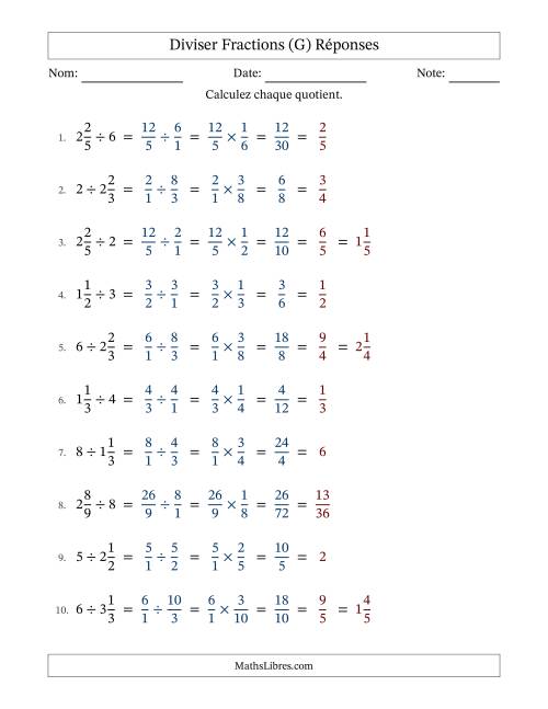 Diviser fractions mixtes con nombres éntiers, et avec simplification dans tous les problèmes (G) page 2