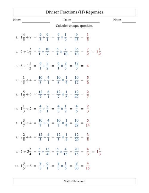 Diviser fractions mixtes con nombres éntiers, et avec simplification dans tous les problèmes (H) page 2